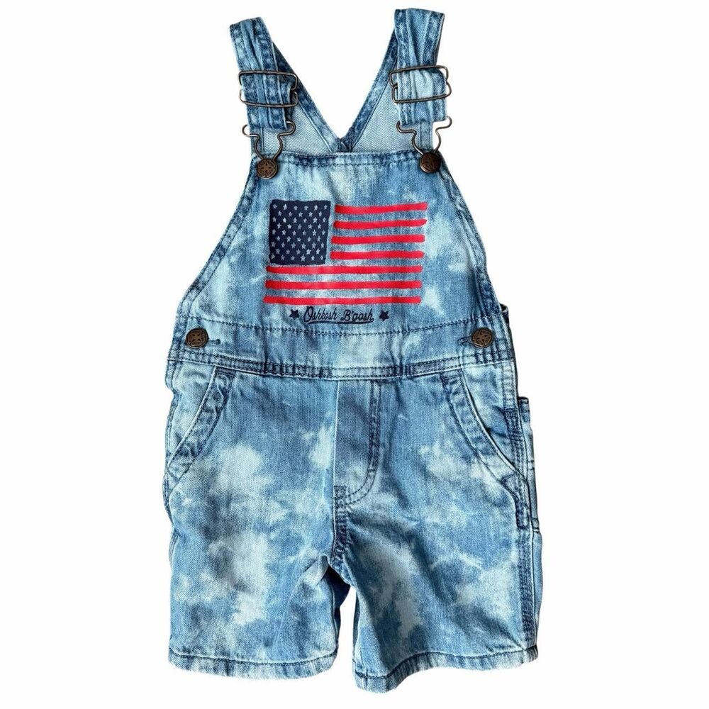 OshKosh B’gosh USA Flag Denim Short Overalls Baby Patriotic Acid Wash Size 2T